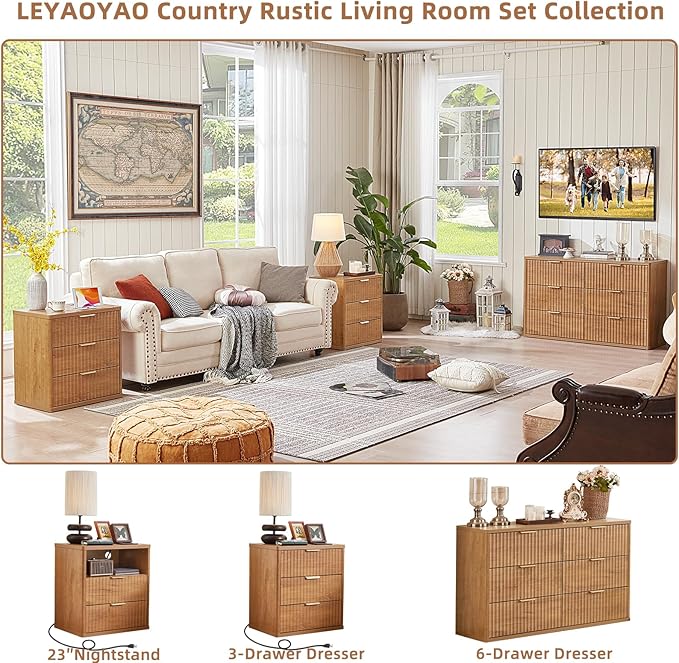 LEYAOYAO Fluted Nightstand Set of 2 with Charging Station,23" Modern Nightstand with Woodgrain Top, 3 Drawer End Table w/Storage, BedsideTables for Bedroom, Living Room, Curved Profile,Brown