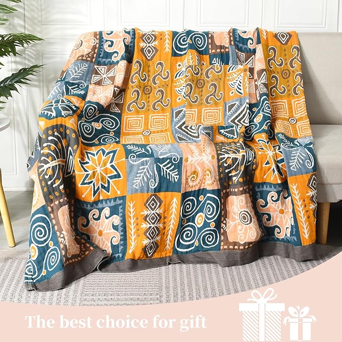 Boho Throw Blanket for Bed - 100% Pure Cotton Ultra Soft Rustic Quilt - Farmhouse Decor Bed Blankets, All Season Rustic Throw for Sofa Couch Chair(91''x 98'', Art Squares)