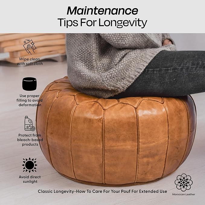 Moroccan Leather Handmade Pouf Ottoman Cover – Unstuffed Foot Stool, Boho Foot Rest for Living Room, Bedroom – Gift for Housewarming or Weddings