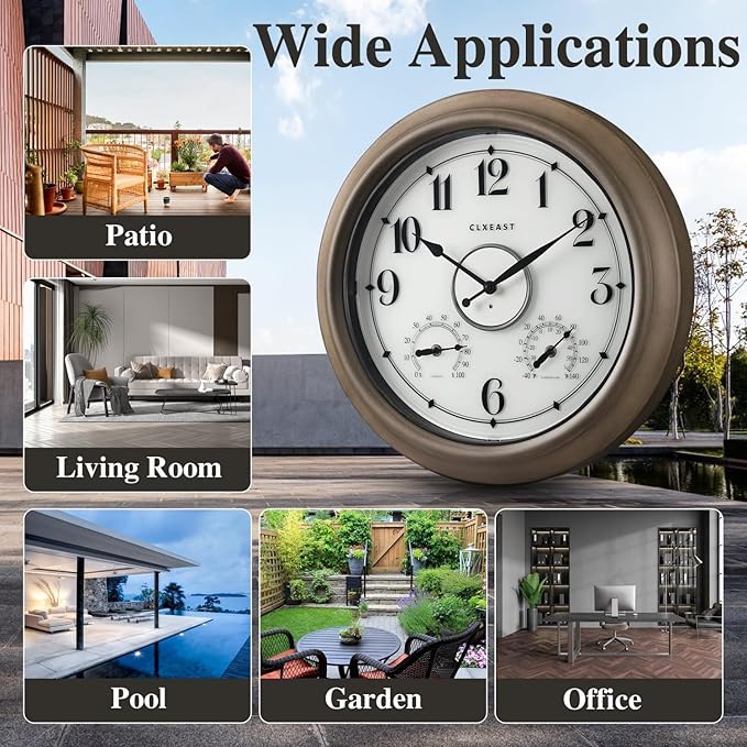 CLXEAST Illuminated Outdoor Clocks Waterproof 18 Inch with Smart Sensor,Large Outdoor Pool Clock with Temperature & Hygrometer,Grey Oak/Faux Barnwood,House Warming Gifts New Home