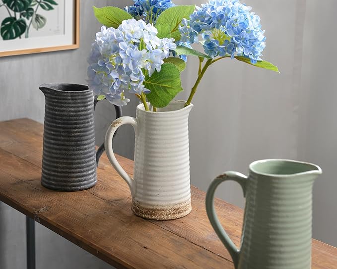 Quoowiit Ceramic Rustic Vase with Handle, White Distressed Decorative Farmhouse Pitcher Vase for Home Decor Living Room Bedroom Kitchen Office Shelf Decor Centerpiece Table Decoration