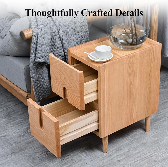 Mid Century Modern Nightstand, Narrow Nightstand, Minimalist Side Table for Bedroom, 2-Drawer Bedside Tables, (Natural, 9.84inches)