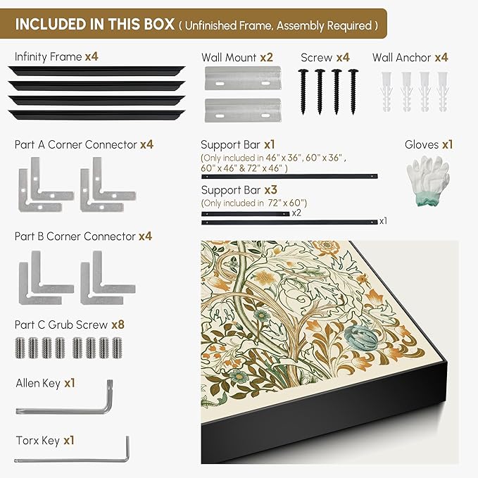 SIGNWIN 30"x60" Extra Large Framed Wall Art Vintage Botanical Floral with Golden and Teal Leaves, Elegant Nature Illustration for Home Living Room Bedroom Decor (Frame Assembly Required)