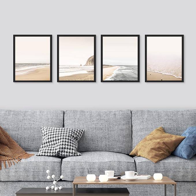 SIGNWIN Framed White Minimalist Ocean Beach Seashore Scenic Wall Art, Set of 4 Landscape Colorful Wall Decor Prints, Nature Wilderness Wall Décor for Living Room, Bedroom - 12"x16" Black