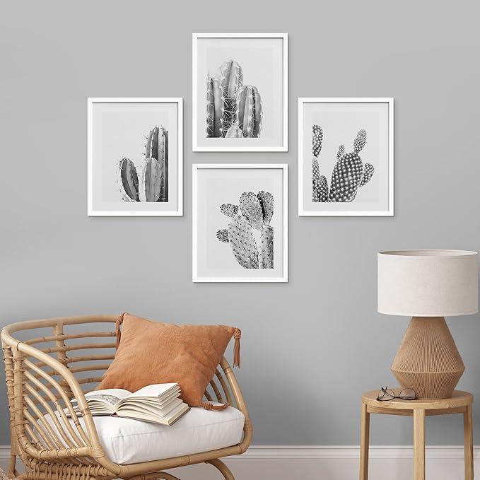 SIGNWIN Framed Black & White Saguaro Southwest Desert Tropical Cactus Wall Art, Set of 4 Floral Botanical Wall Decor Prints, Nature Wilderness Wall Décor for Living Room, Bedroom - 11"x14" White