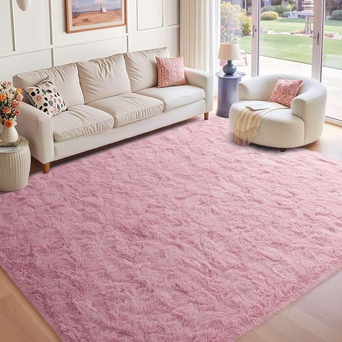 9x12 Ft Extra Large Pink Rugs for Living Room Girls, Shag Fluffy Area Rug for Bedroom, Ultra Soft Furry Rug Indoor Carpet for Kids Room Nursery Home Decor