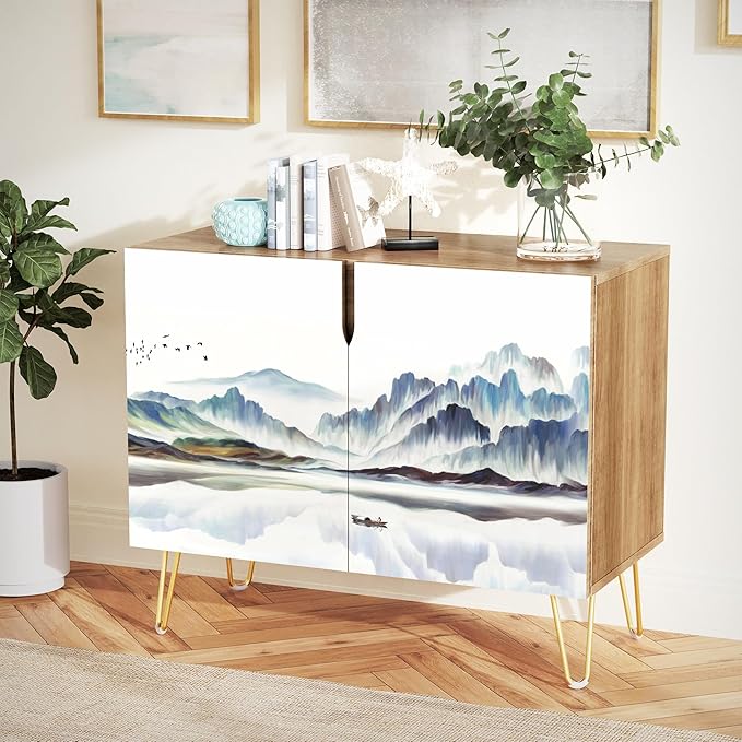 SIGNWIN Sideboard Buffet Cabinet, Kitchen Storage Cabinet with 2 Doors, Pastel Blue Mountain Range, Cupboard Console Table for Dining Room - 35" L x 18" W x 29" H