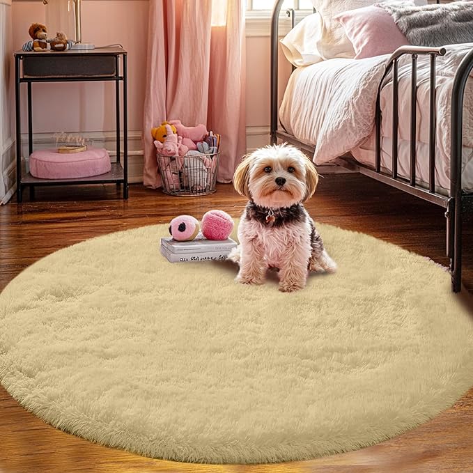 Beige Round Rug for Bedroom: 4x4Feet Soft and Fluffy Area Rug for Living Room- Round Furry Plush Carpet for Bedroom- Shag Rugs for Dorm, Home Decor