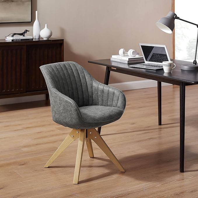 Art Leon Office Chair No Wheels, Mid Century Modern Desk Chair, Swivel Accent Chair with Oak Wood Legs, Faux Leather Upholstered Armchair for Desk, Gray
