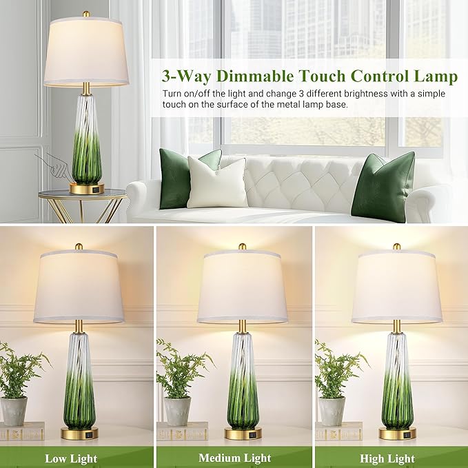 Glass Table Lamps Set of 2, Modern Bedside Lamps for Bedrooms with USB A+C Ports, 3-Way Dimmable Touch Control Nightstand Lamp with White Linen Shade, 27.5" Large Lamps for Living Room Decor, Green