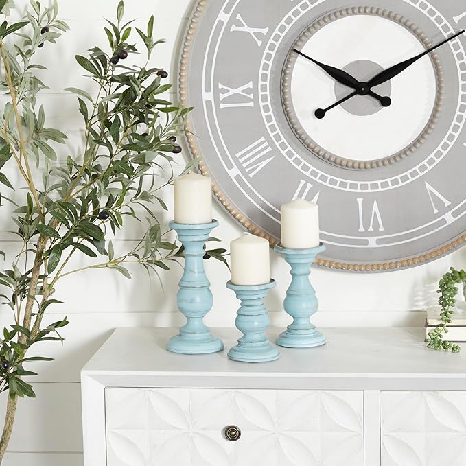 Deco 79 Mango Wood Decorative Candle Holder Distressed Turned Pillar Candle Stand, Set of 3 Candlestick Holder 6", 8", 10"H, Light Blue