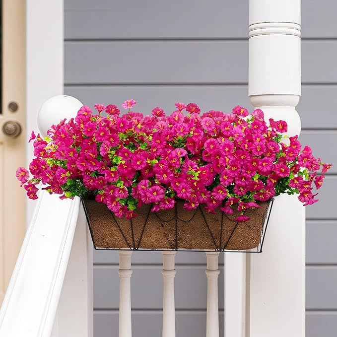 Artificial Flowers for Outdoors Spring Summer Decoration, 16 Bundles Fake Silk Realistic Morning Glory UV Resistant Faux Plastic Plants for Planter Front Door Porch Patio Yard (Fuchsia)