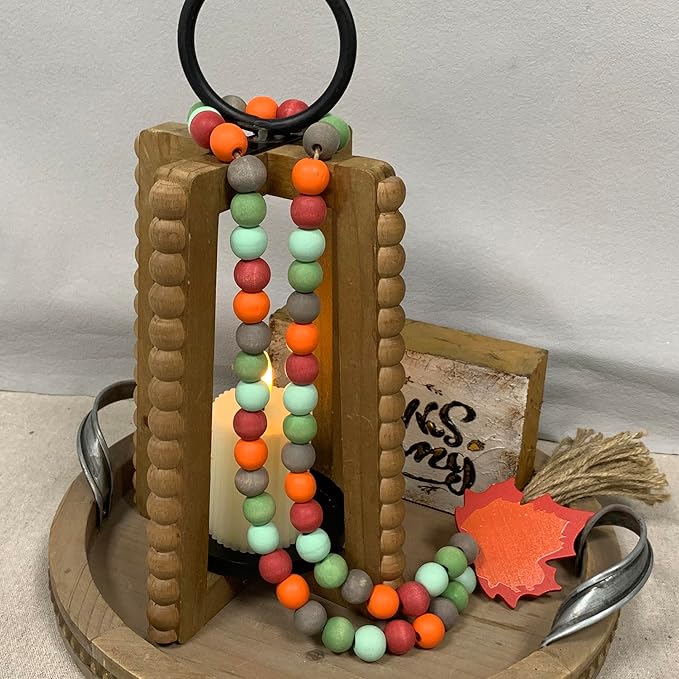 40" Handmade Farmhouse Bead Garland Wood with Tassel, Boho Chic Decorative String Beads Home Decor, Table Tiered Tray Country Wooden Accents (Autumn Joy: Grateful, Thankful, Blessed, 0.63" Diameter)