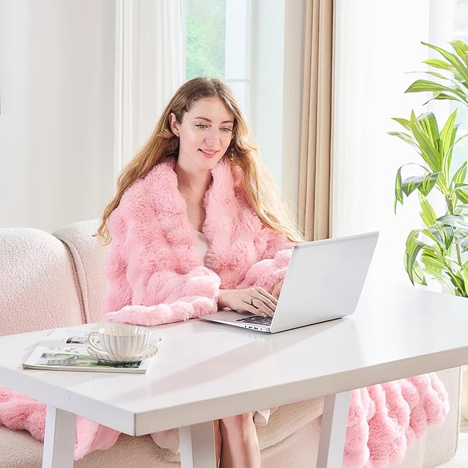 Lotus Karen Faux Fur Throw Blanket Pink - Big Bubble Rabbit Fluff Blanket for Couch, Sall Fluffy Fuzzy Cozy Blanket,Thick Furry Plush Shaggy Blankets,60x80 Inches