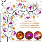 7 Ft 63 LED Halloween Willow Vine Twig Garland with 8 Modes Timer Orange Purple 21 Pumpkin Bats Lights,Halloween Garland with Waterproof Battery Operated for Indoor Wall Fireplace Decorations