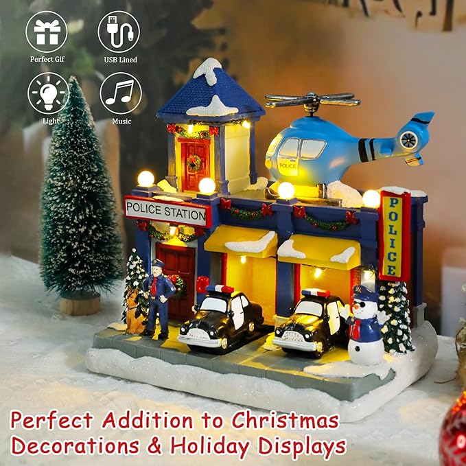 VCUTEKA Animated Christmas Village Houses, Lighted Musical Police Station Scene with Helicopter, Patrol Car, Dog, Victorian Xmas Village Collectible Building for Holiday Home Table Display Décor