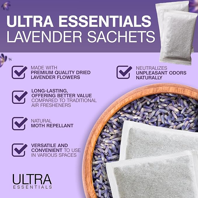 Lavender Sachet for Dryer, Naturally Scented Luggage Sachets, Closet & Drawer Fragrance, Freshens Laundry, Shoes, Gym Bags, Cars & Sweater Storage w/Premium Extra Flowers, Grown in USA (6 Pack)