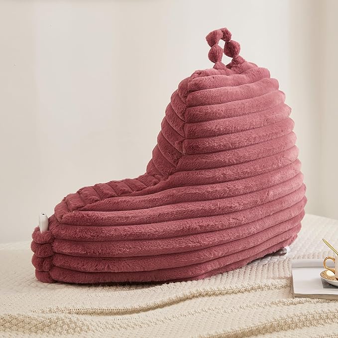 Faux Fur Fluffy Dusty Rose Reading Pillow with Pockets, Luxury Striped Plush Decorative, Arm Rests and Back Surport for Bed Rest, Lounging on sofa, Large