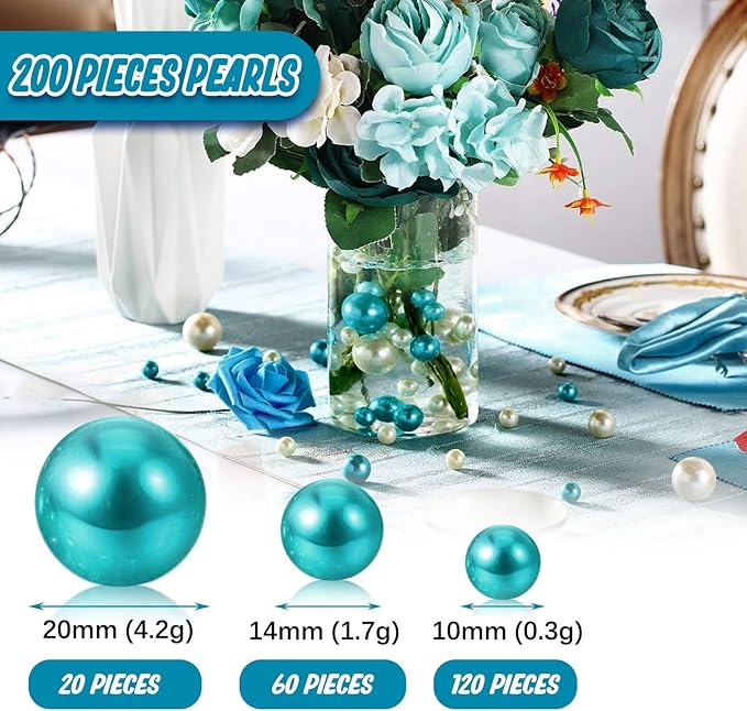 200 PCS Lake Blue Vase Fillers, Pearls Bead for Centerpieces Vases, 10/14/20 MM No Hole Beads, Fake Pearls for Wedding Birthday Anniversary Theme Party Table Centerpieces Decor