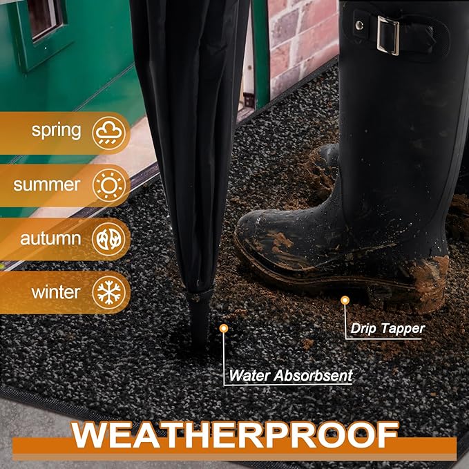 Mibao Front Door Mat, Dirt Trapper Welcome Mat for Outdoor Indoor, Non-Slip Waterproof Doormat, Durable Machine Washable Low Profile Entry Rug for Back Door Outside Patio Porch, 72" x 48", Black