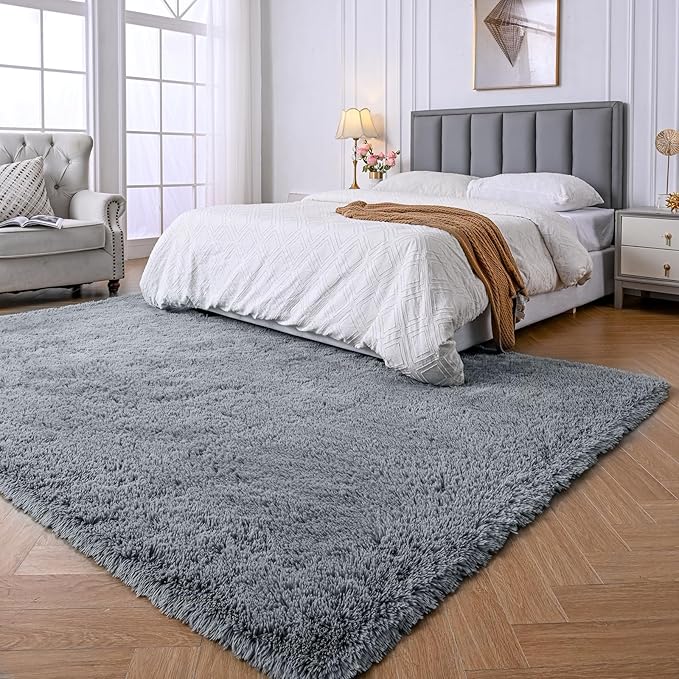 Fluffy Area Rugs for Bedroom：Grey Plush Area Rug 4x6 - Indoor Modern Shaggy Soft Carpet for Living Room Bedroom Kids Room Nursery (Grey, 4x6 Feet)