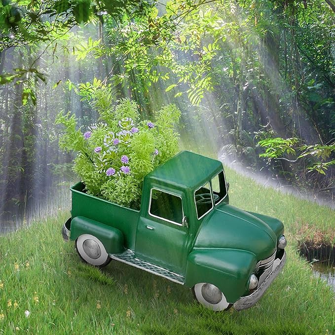 Farmhouse Green Truck Decor, Metal Pickup Truck Planter, Truck Decor, Vintage Truck Decor Desktop Storage Decor Model for Home Indoor and Outdoor Table Center Decor
