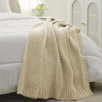 Amélie Home Chenille Knit Throw Blanket for Couch, Chevron Texture Decorative Soft Blanket for Sofa, Bed & Chair, 50"x60", Beige