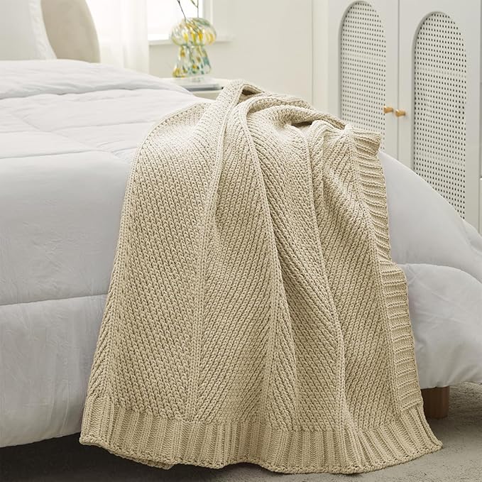 Amélie Home Chenille Knit Throw Blanket for Couch, Chevron Texture Decorative Soft Blanket for Sofa, Bed & Chair, 50"x60", Beige