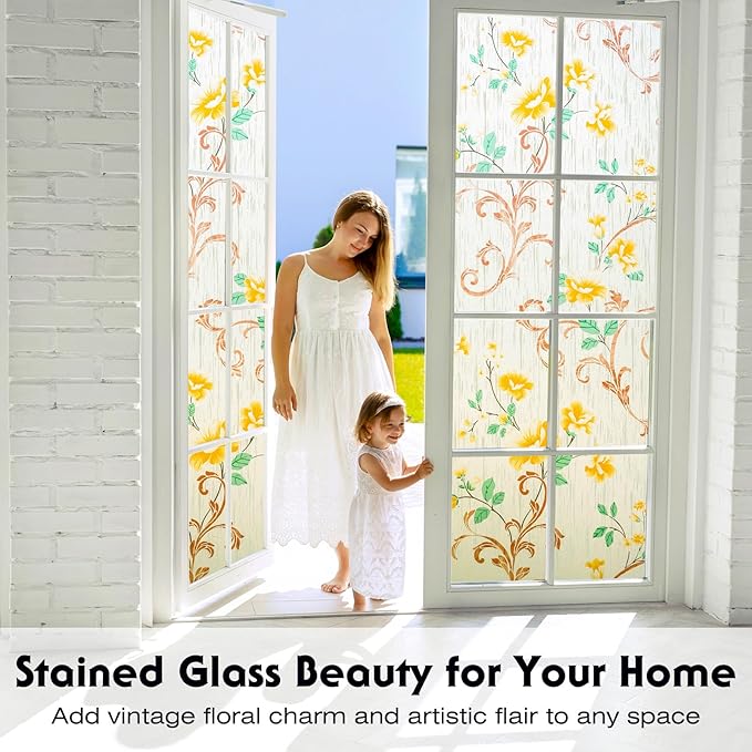 Volcanics Stained Glass Window Film, Frosted Glass Window Privacy Film, Decorative Window Clings, Floral Design Static Cling Sun Blocking Tint for Bathroom, 17.5 x 78.7 Inch