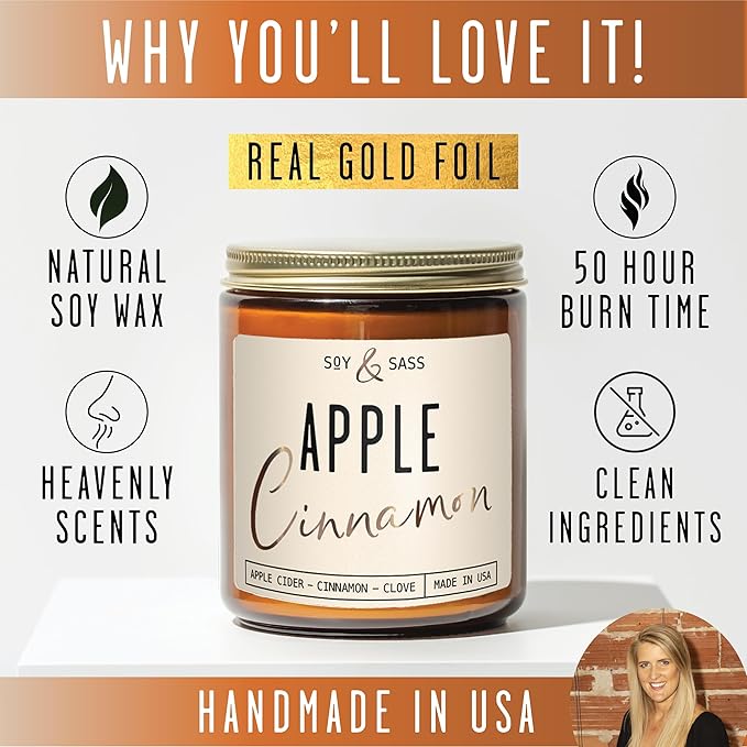 Apple Cinnamon Candles, Cinnamon Apple Candle - 'Apple Cinnamon' Infused w/Essential Oils I Scented Strong Soy Candles for Home for Christmas/Fall I Apple Pie Candle I 50Hr Burn, Made in USA