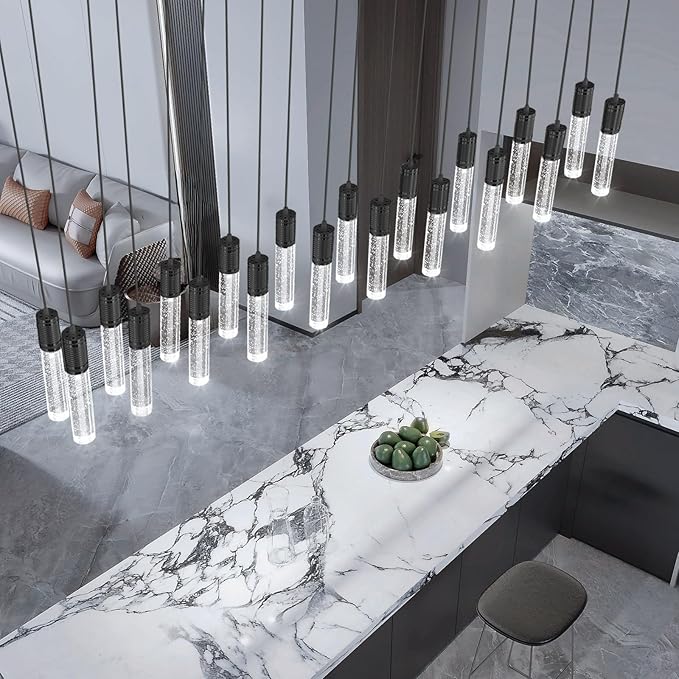 20-Lights Modern Crystal Rectangular Chandeliers LED Pendant Light for Kitchen Island High Ceiling Chandelier for Dining Room Entrance Foyer Living Room Black