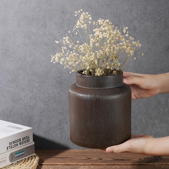 Rustic Vases for Decor, Farmhouse Ceramic Vase for Flowers, Vintage Decorative Vase for Home Decor, Dining Table, Living Room, Shelf, Kitchen, Bedroom (Dark Brown)
