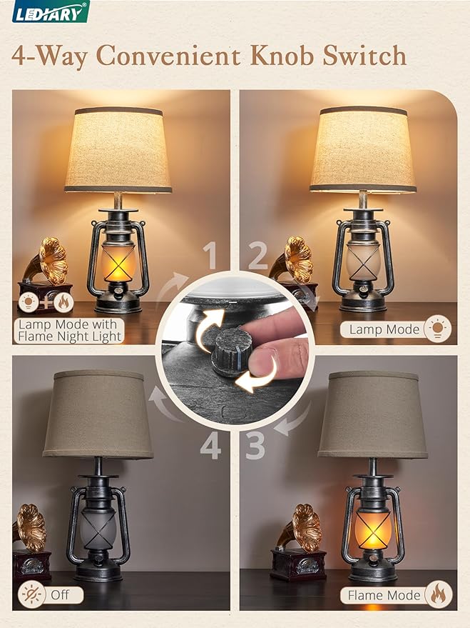 LEDIARY 18.72" Sliver LED Lantern Flickering Flame Table Lamps for Bedrooms Set of 2, Small Farmhouse Rustic End Table Lamps, Halloween Decorative Lantern Bedside Lamps for Living Room