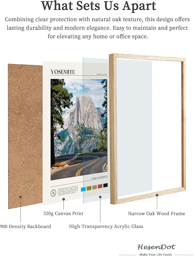 HesenDot Natural OAK Wood Yosemite National Park Framed Wall Art,12x16in Natural Scenery Canvas Wall Print,Classic Urban Landmark Wall Decor for Living Room,Bedroom,Office Gallery Gifts Set of 1