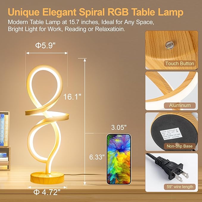 Mayful Modern LED Spiral Table Lamp, RGB Wood Grain Bedside Light with 7 Colors 10 Modes, Touch Dimmable Nightstand for Bedroom Living Room Home Office, 15W