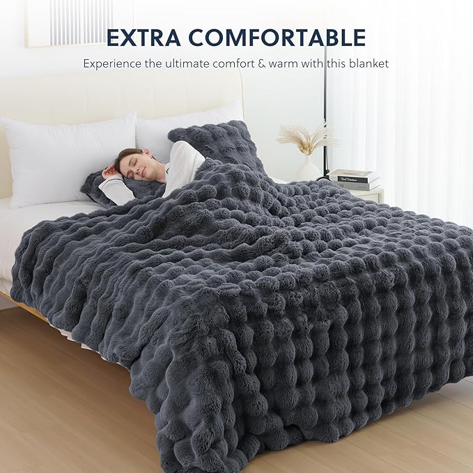 Cozy Faux Fur Throw Blanket for Couch Warm Fuzzy Throw Blanket, Soft Plush Thick Bubble Blankets for Bedroom and Living Room, Furry Luxury Blanket, 50 x 60, Grey