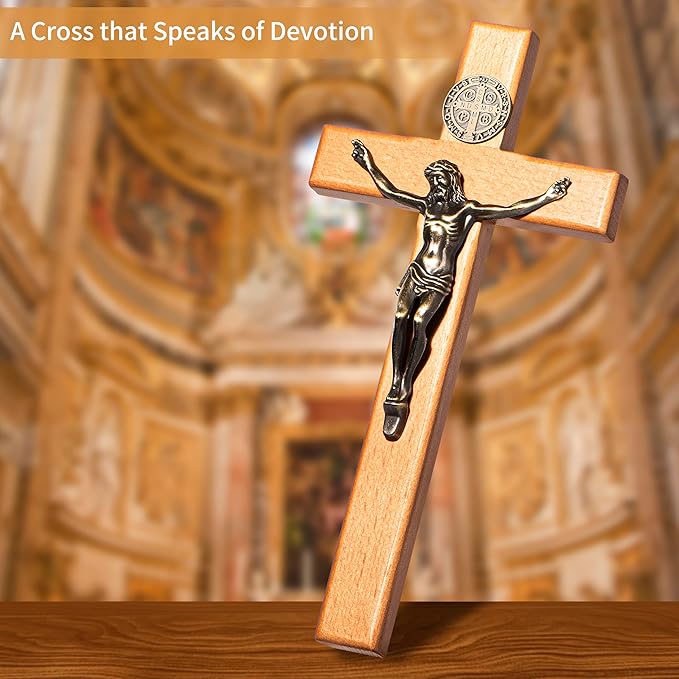 ACHIBANG 10" Crucifix Wall Cross Catholic, Wooden Wall Cross with Jesus and Saint Benedict Medal for Home or Prayer Room, Catholic Gifts