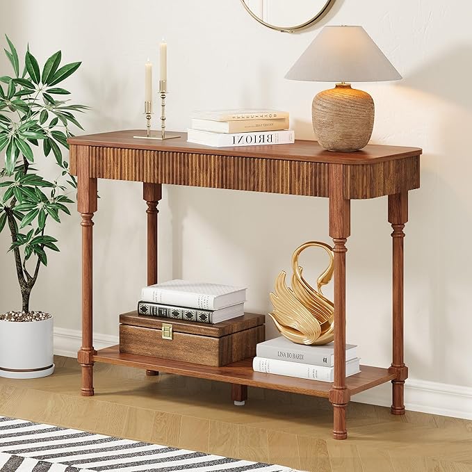 43.3” Console Table with 2 Drawers, Modern Entryway Table with Fluted Panel & Storage Shelf, Narrow Wood Behind Couch Sofa Table for Living Room, Foyer, Hallway(Walnut)