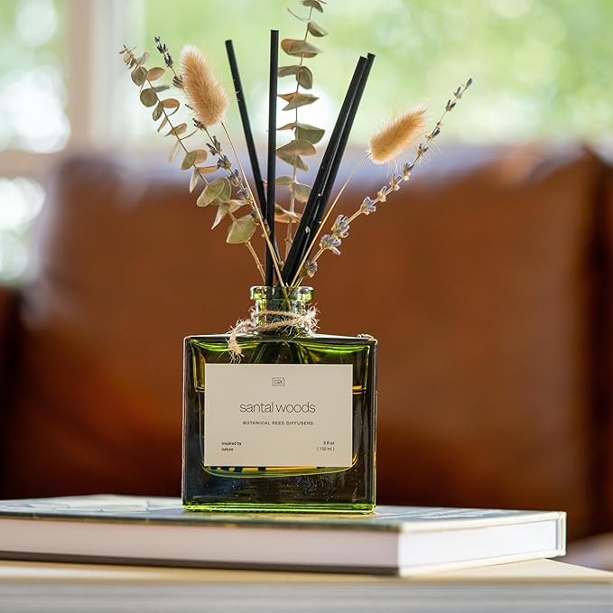 Craft & Kin Reed Diffuser with Dried Flowers | 5 oz Santal Woods Fall Scented Reed Diffusers for Home, Bathroom | Scent Sticks | Elegant Fragrance Home Decor for Men & Women