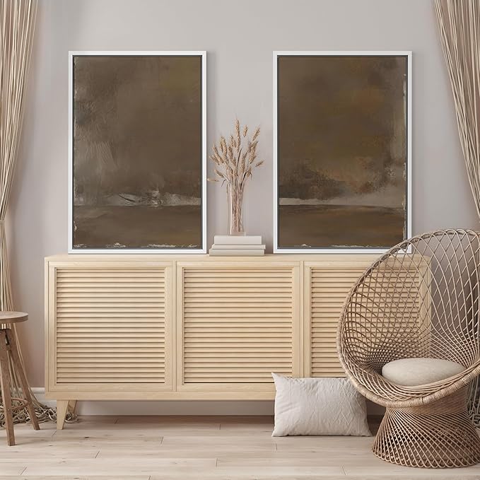 SIGNFORD Framed Canvas Print Wall Art Set Muted Earthy Abstract Landscape Illustrations Modern Art Decorative for Living Room, Bedroom, Office - 24"x36"x2 White