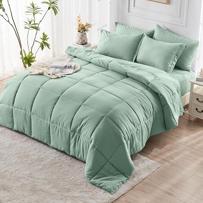 JOLLYVOGUE Full Comforter Set, Ultra-Soft Bed in a Bag Full Size 7 Pieces, Oeko-TEX Certified Bedding Set with Down Alternative Comforter, Sheets, Pillowcases & Shams, Sage Green