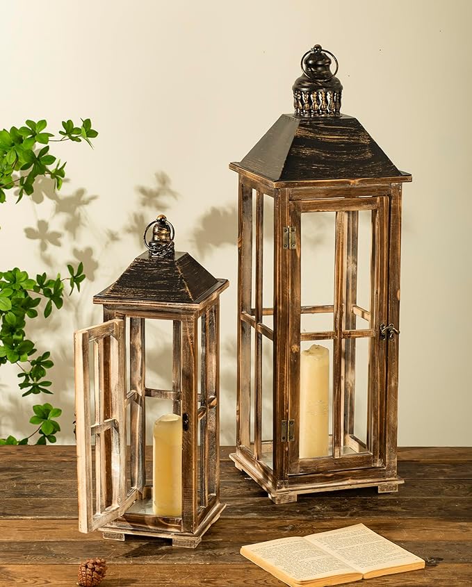 Large Farmhouse Wooden Decorative Lantern Set of 2, Rustic Distressed Brown Burnt Wood Floor Candle Lanterns, Indoor/Outdoor Hanging Lanterns for Home Decor (No Glass)