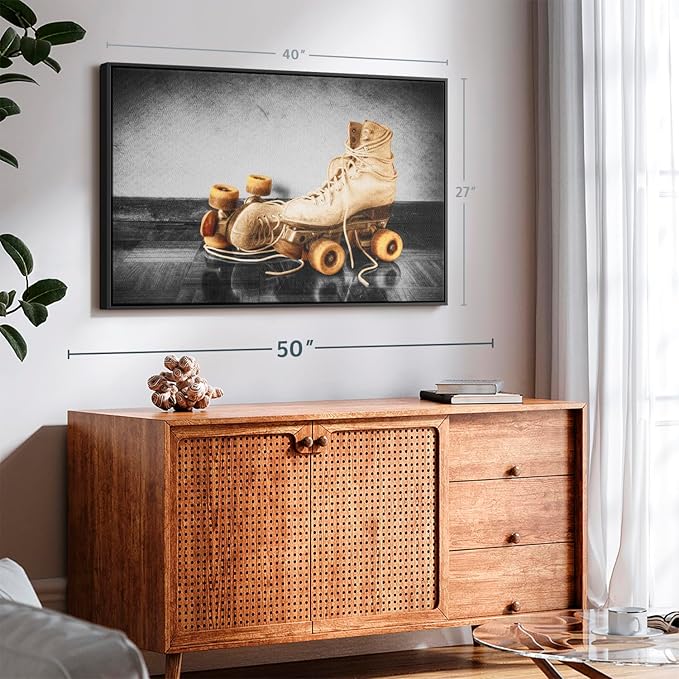 ElephantStock Vintage Skates Pop Wall Art - Horizontal Framed Canvas - 1-Piece Living Room Wall Decor - Sport Photography Canvas Print - Beige and Black Decor for Wall - 40" X 27"