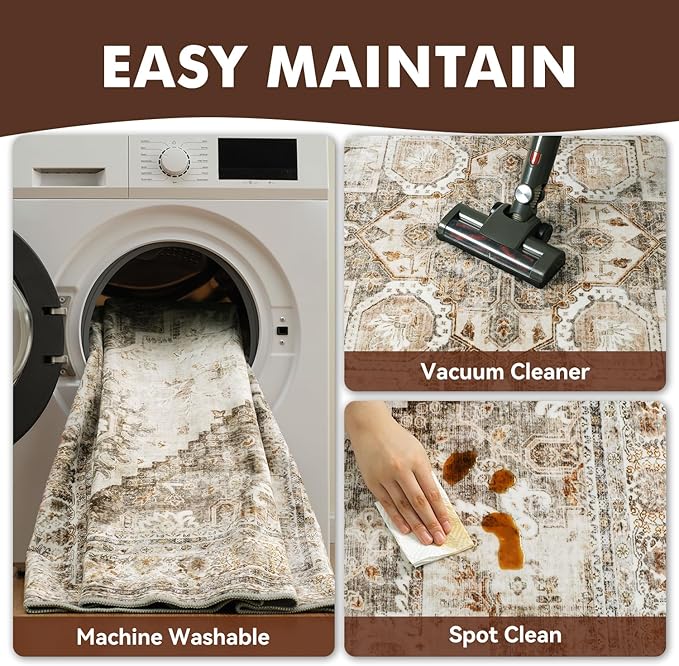 Beige Large 9x12 Area Rugs for Living Room Rug Bedroom Rug-Carpet Washable Neutral Dining Room Rugs for Under Table Soft Comfortable Non Slip Vintage Oriental Medallion Design