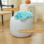 XeGe Fluffy Faux Fur Inflatable Pouf Ottoman, Cozy Portable Fuzzy Foot Stool, Furry Foot Rest Floor Pouf Anti-Slip Kids Girls Adult, Cute Round Ottoman Cushion for Living Room Bedroom, Ombre Aqua