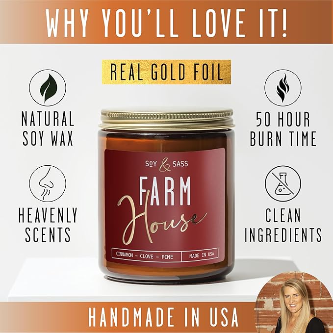 Fall Candles - 'Farmhouse' Autumn Scented Soy Candles for Home, w/Cinnamon, Clove & Pine I Infused with Essential Oils I Farmhouse Décor, 9oz Reusable Jar, 50Hr Burn, Made in USA