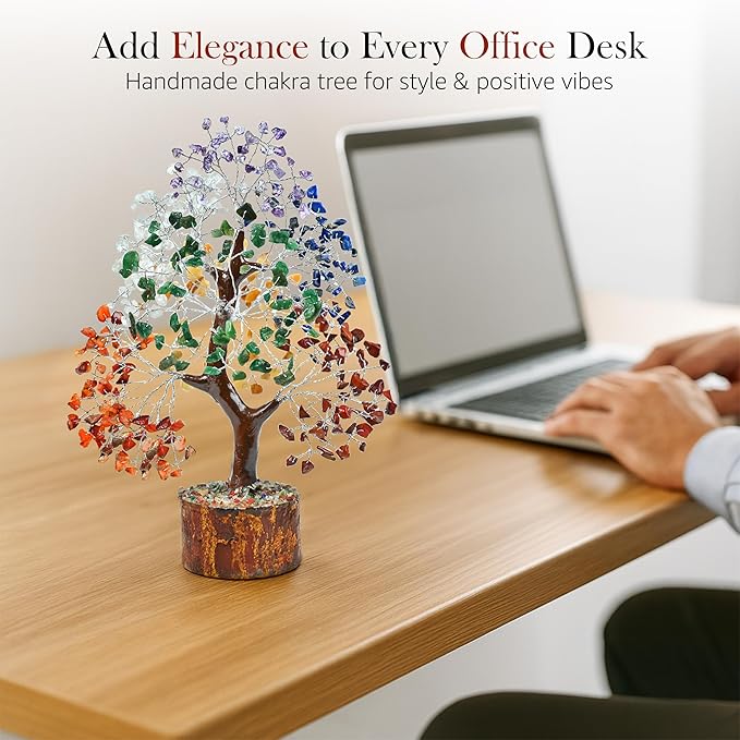 Crocon Seven Chakra Gemstone Tree Feng Shui Figurine Money Bonsai Good Luck Reiki Healing Crystals Balancing Decoration Ornament Sculpture Wealth Prosperity Table Room Decor Gift Size 10-12"