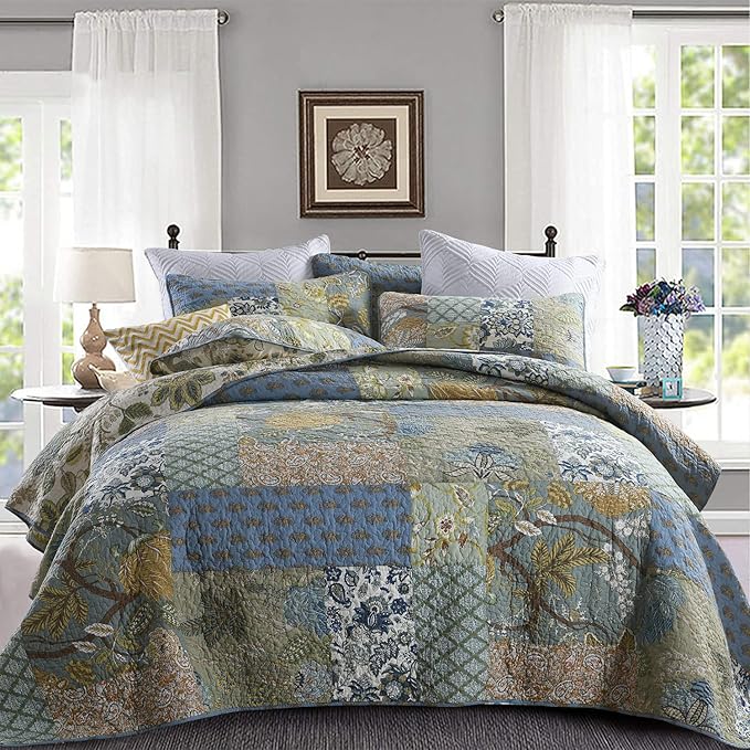Yvooxny Quilt Set Queen Bedspread Reversible Green Farmhouse Garden Coverlet Real Patchwork Quilt Set for All Seasons, Bohemian Floral Pattern, Queen Size