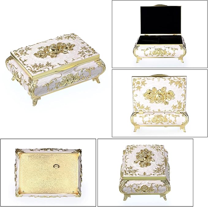 ELLDOO Vintage Music Box, Beige Metal Musical Jewelry Box Keepsake Box, Small Trinket Jewelry Storage Box Gift for Girl Women (Tune: You are My Sunshine)