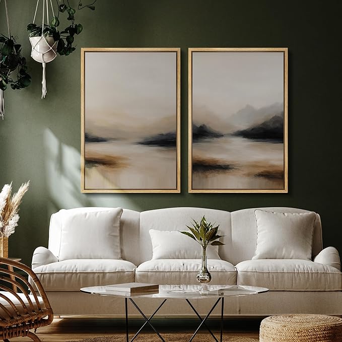 SIGNFORD Framed Canvas Print Wall Art Set Abstract Mountain Landscape Neutral Beige and Black Illustration Modern Art Decorative Nordic Nature for Living Room, Bedroom, Office - 16"x24"x2 Natural